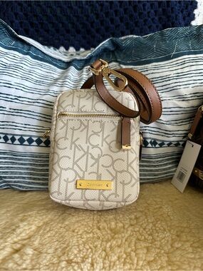 Calvin Klein Cream Logo Crossbody with Brown Strap